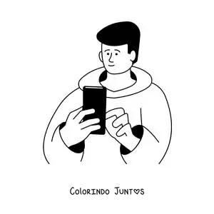 Desenho para colorir de um menino conectado às redes sociais no celular