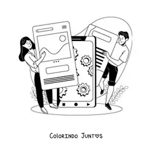 Desenho para colorir de dois jovens usando as redes sociais como meio de comunicação
