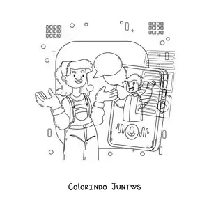 Desenho para colorir de uma menina e um menino conversando por videochamada no telefone