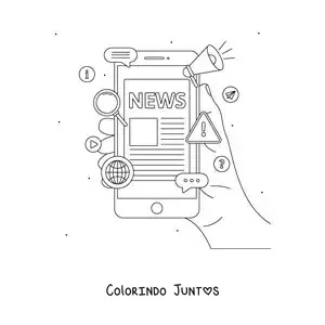 Desenho para colorir de uma mão segurando um telefone que mostra notícias na tela