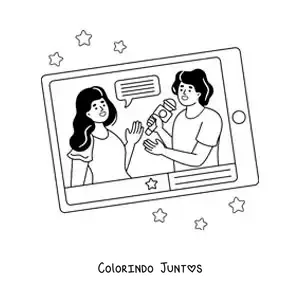Desenho para colorir de uma entrevista jornalística na tela de um tablet