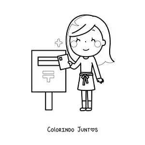 Desenho para colorir de uma menina enviando uma carta pelo correio
