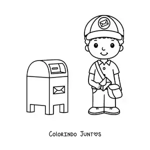 Desenho para colorir de um carteiro animado ao lado da caixa de correio