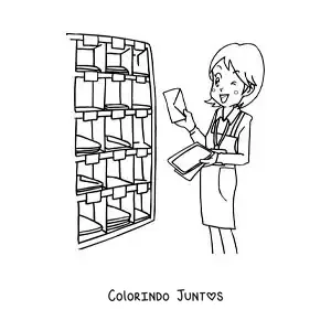 Desenho para colorir de uma mulher carteira na agência dos correios