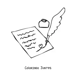 Desenho para colorir de uma pena escrevendo uma carta com tinta