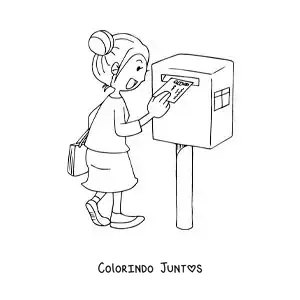 Desenho para colorir de uma mulher enviando uma carta pelo correio
