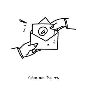 Desenho para colorir de duas mãos abrindo uma carta com o símbolo "@"