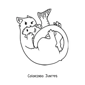 Desenho para colorir de um gato comendo um peixe
