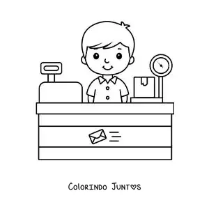 Desenho para colorir de um menino animado em uma agência dos correios