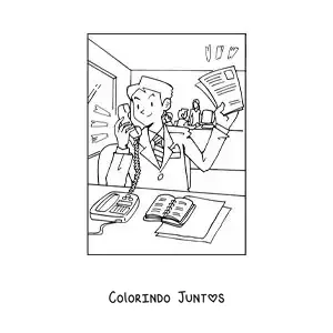 Desenho para colorir de um homem falando no telefone fixo em seu escritório