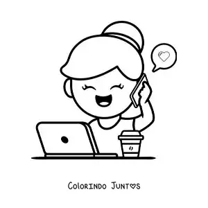 Desenho para colorir de uma menina falando ao telefone enquanto trabalha de casa