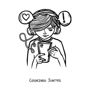 Desenho para colorir de uma menina enviando mensagens do telefone