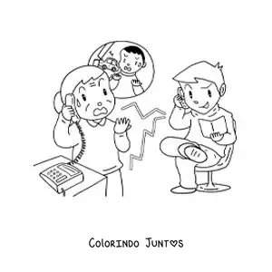 Desenho para colorir de uma avó preocupada em um golpe por ligação telefônica