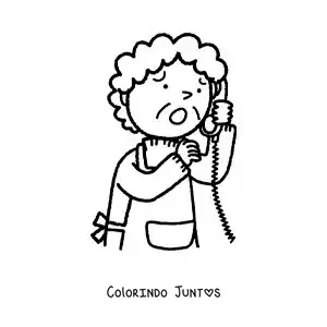 Desenho para colorir de uma avó preocupada falando no telefone fixo