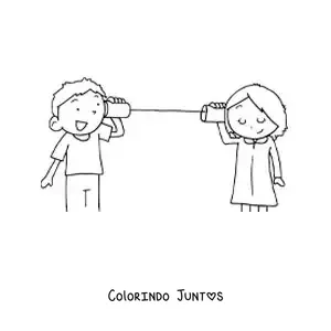 Desenho para colorir de duas crianças falando por um telefone de copos