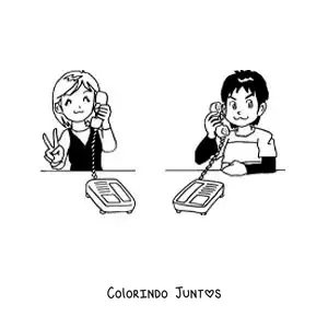 Desenho para colorir de uma menina e um menino falando em uma ligação telefônica