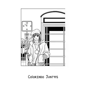 Desenho para colorir de uma garota anime aesthetic ao lado de uma cabine telefônica