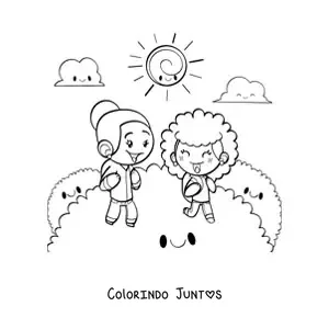 Desenho para colorir de duas meninas felizes passeando pelo campo