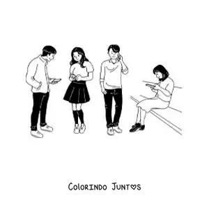 Desenho para colorir de um grupo de adolescentes conversando e mandando mensagens pelo telefone