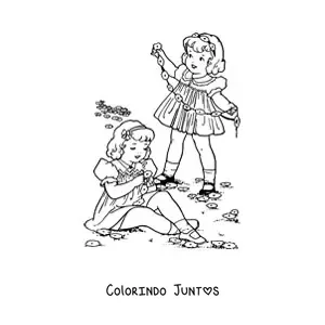 Desenho para colorir de duas meninas colhendo flores