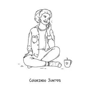 Desenho para colorir de uma menina sentada conversando em uma chamada telefônica