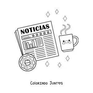 Desenho para colorir de um jornal com uma rosquinha e um café animado kawaii