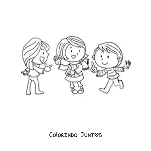 Desenho para colorir de três meninas jogando pedra, papel e tesoura