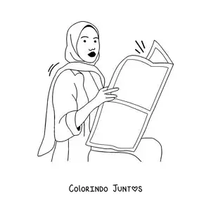 Desenho para colorir de uma mulher de hijab sentada lendo o jornal