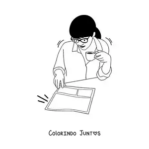 Desenho para colorir de uma mulher sentada lendo o jornal e tomando um café