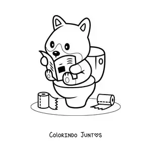 Desenho para colorir de um cachorro animado sentado no banheiro lendo o jornal