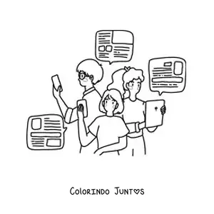 Desenho para colorir de um grupo de jovens lendo as notícias pela internet