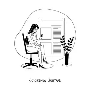 Desenho para colorir de uma mulher sentada lendo as notícias no celular