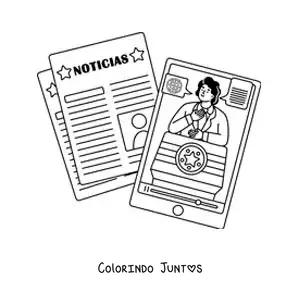 Desenho para colorir de um jornal ao lado de um telefone que mostra as notícias
