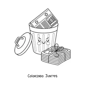 Desenho para colorir de vários jornais em uma lixeira animada