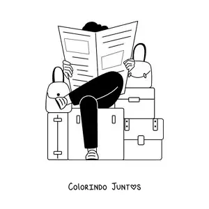 Desenho para colorir de um viajante sentado sobre suas malas lendo o jornal