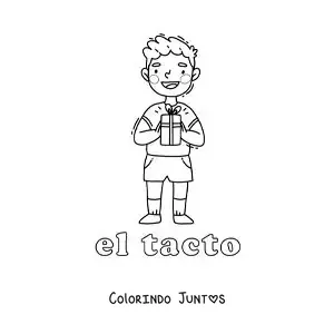 Desenho para colorir de um menino tocando um presente com as mãos