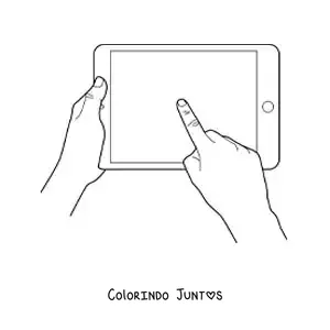 Desenho para colorir de um par de mãos usando um tablet com tela sensível ao toque
