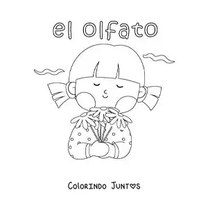 Desenho para colorir de uma menina animada cheirando uma flor