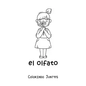 Desenho para colorir de uma menina usando o olfato para cheirar uma flor