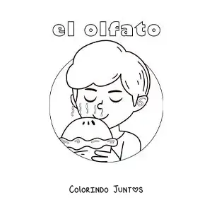 Desenho para colorir de um menino cheirando uma torta recém-saída do forno