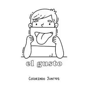 Desenho para colorir de um menino mostrando a boca com o texto "o paladar"