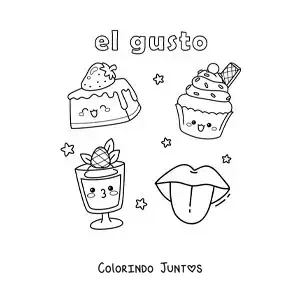 Desenho para colorir de doces animados e a língua como parte do sentido do paladar