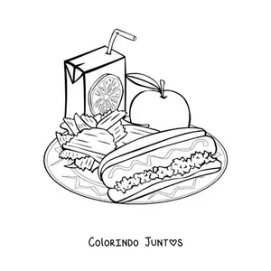 Desenho para colorir de um prato de almoço com maçã, salsicha, batatas e suco de laranja
