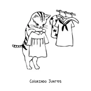 Desenho para colorir de um gato animado segurando um vestido junto a outros vestidos