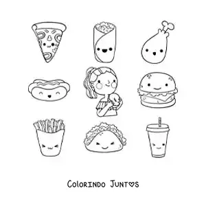 Desenho para colorir de uma menina com alimentos animados de diferentes sabores