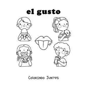 Desenho para colorir de crianças animadas saboreando alimentos de diferentes sabores