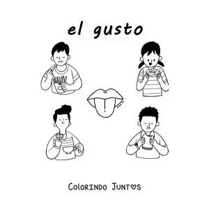 Desenho para colorir de uma língua e crianças comendo alimentos com o texto "o paladar"