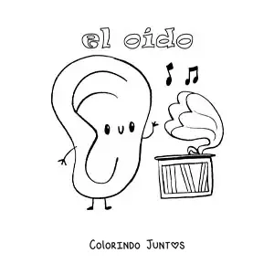 Desenho para colorir de um ouvido animado escutando música