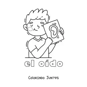 Desenho para colorir de um menino mostrando o ouvido com o texto "a audição"