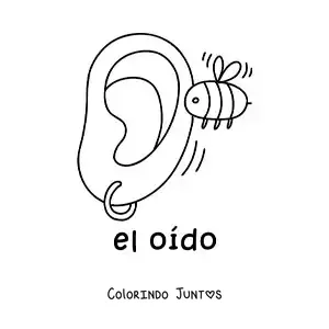 Desenho para colorir de uma abelha zumbindo na frente de uma orelha